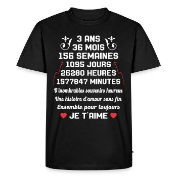 Couple 3 Ans amour Anniversaire de mariage Cadeau - T-shirt Premium bio Homme - noir - Devant - Nico (187cm)
