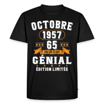 65 Ans Anniversaire Vintage Né(e) en Octobre 1957 - T-shirt Premium bio Homme - noir - Devant - Nico (187cm)