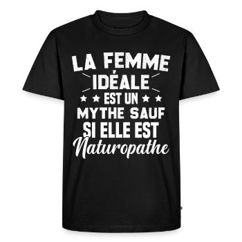 La femme idéale est un mythe sauf naturopathe - T-shirt Premium bio Homme - noir - Devant - Nico (187cm)