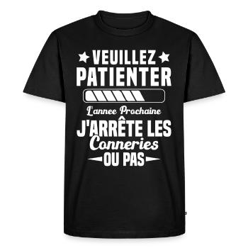 J'arrête les conneries humour - T-shirt Premium bio Homme - noir - Devant - Nico (187cm)