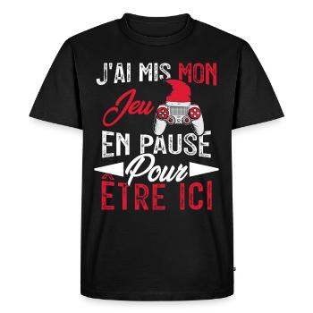 J'ai mis mon jeu en pause pour être ici Geek Noël - T-shirt Premium bio Homme - noir - Devant - Nico (187cm)