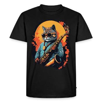 Chat drôle jouant de la musique de saxophone - T-shirt Premium bio Homme - noir - Devant - Nico (187cm)