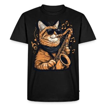 Funny Cat Playing Saxophone Music Notes Graphic - Men's Premium Organic T-Shirt - black - Front - Nico (187cm)