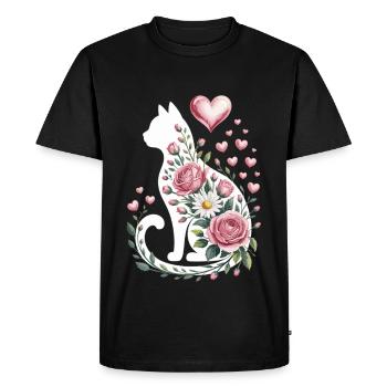 Fleur Chat Silhouette Roses Coeurs - T-shirt Premium bio Homme - noir - Devant - Nico (187cm)