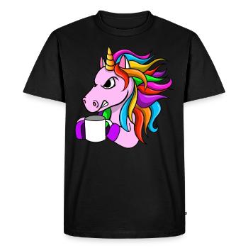 Licorne fâchée avec le café - T-shirt Premium bio Homme - noir - Devant - Nico (187cm)