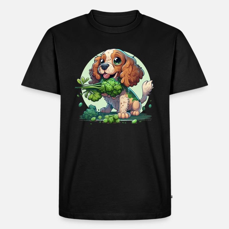 Cute dog eats broccoli vegetables - Men's Premium Organic T-Shirt - black