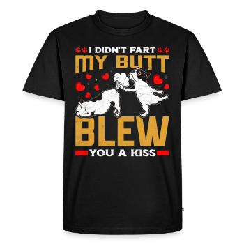 Frenchie N’A PAS PET MES FESSES T’ONT SOUFFLÉ UN BAISER Lustig - T-shirt Premium bio Homme - noir - Devant - Nico (187cm)