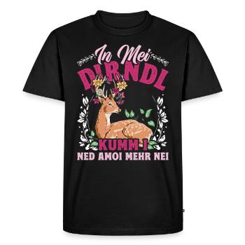 Münchner Volksfest IN MEI DIRNDL KUMM I NED NEI - Men's Premium Organic T-Shirt - black - Front - Nico (187cm)