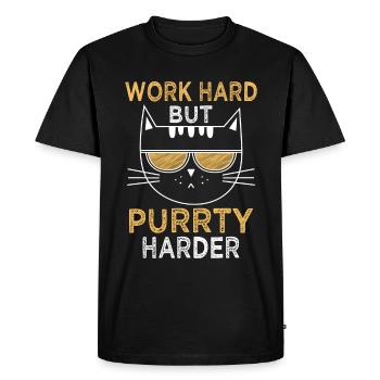 Work Hard Purrty Harder | Cool party cat - Men's Premium Organic T-Shirt - black - Front - Nico (187cm)