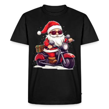 Funny Santa Claus gnome on a motorbike - Men's Premium Organic T-Shirt - black - Front - Nico (187cm)