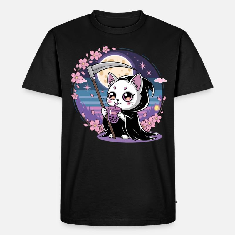 Sensenmann Anime Katze Kirschblüte - Männer Premium Bio T-Shirt - Schwarz