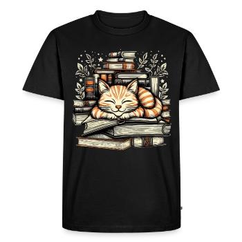 CHAT DOUILLET FAISANT UNE SIESTE SUR DES LIVRES - T-shirt Premium bio Homme - noir - Devant - Nico (187cm)