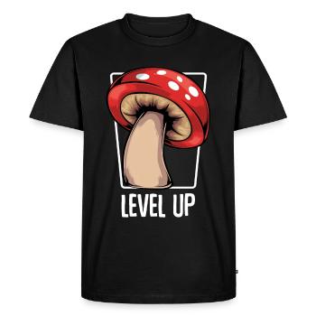 Mushroom - Level Up - Cool Gamer Fly agaric Statement - Men's Premium Organic T-Shirt - black - Front - Nico (187cm)