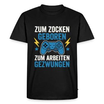 Né pour jouer - forcé de travailler - T-shirt Premium bio Homme - noir - Devant - Nico (187cm)