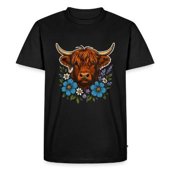 Vache des Highlands avec couronne de fleurs – Style de vie à la campagne - T-shirt Premium bio Homme - noir - Devant - Nico (187cm)