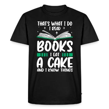 C'est drôle c'est ce que je fais Je lis des livres Je mange des gâteaux - T-shirt Premium bio Homme - noir - Devant - Nico (187cm)