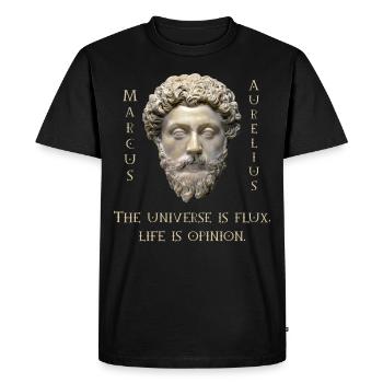 Citation de Marc Aurèle - L’univers est flux sagesse - T-shirt Premium bio Homme - noir - Devant - Nico (187cm)