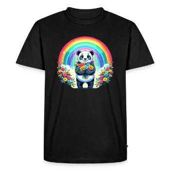 Panda mignon devant un arc-en-ciel avec des fleurs - T-shirt Premium bio Homme - noir - Devant - Nico (187cm)