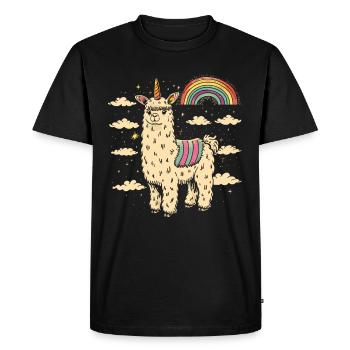 Funky alpaca with colorful rainbow stripes - Men's Premium Organic T-Shirt - black - Front - Nico (187cm)