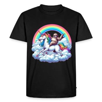 Sloth riding unicorn under rainbow clouds - Men's Premium Organic T-Shirt - black - Front - Nico (187cm)