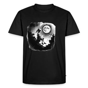 Fille sur un mur sous la pleine lune - T-shirt Premium bio Homme - noir - Devant - Nico (187cm)