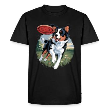 chien joyeux jouant au frisbee dans le vert - T-shirt Premium bio Homme - noir - Devant - Nico (187cm)