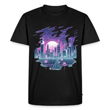 Paysage urbain rétro futuriste au look néon - T-shirt Premium bio Homme - noir - Devant - Nico (187cm)