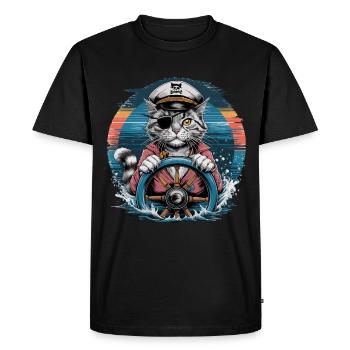 Captain Cat with Pirate Hat at the Wheel in - Men's Premium Organic T-Shirt - black - Front - Nico (187cm)