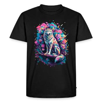 Loup coloré avec des fleurs et des formes géométriques - T-shirt Premium bio Homme - noir - Devant - Nico (187cm)