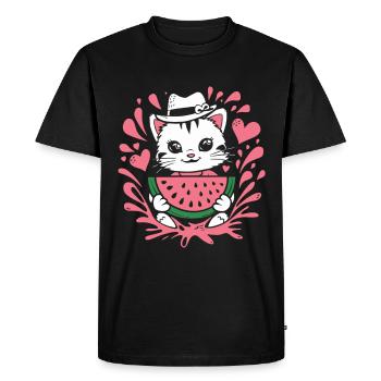 Chaton mignon avec des éclaboussures de pastèque et de cœur - T-shirt Premium bio Homme - noir - Devant - Nico (187cm)