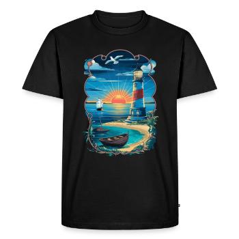 Lighthouse sunset by the sea with sailing ship - Men's Premium Organic T-Shirt - black - Front - Nico (187cm)