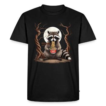 Raccoon Eats Instant Noodles – Funny Animal Motif - Men's Premium Organic T-Shirt - black - Front - Nico (187cm)