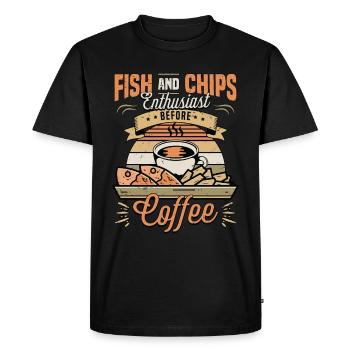 Amateur de fish and chips avant le café de fruits de mer - T-shirt Premium bio Homme - noir - Devant - Nico (187cm)