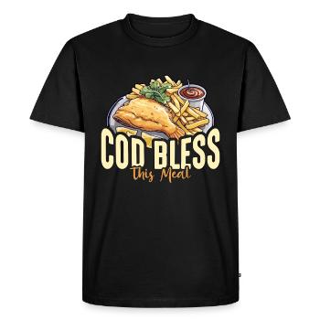 Fish And Chips Cod Bless This Meal British Food - Men's Premium Organic T-Shirt - black - Front - Nico (187cm)