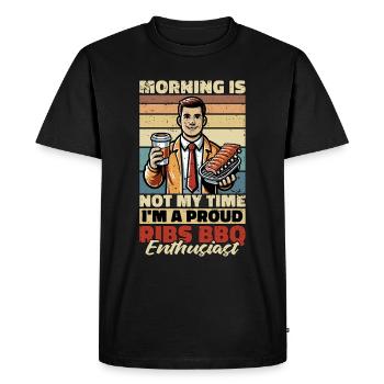 Côtes levées barbecue Le matin n’est pas mon temps Amateur de viande - T-shirt Premium bio Homme - noir - Devant - Nico (187cm)