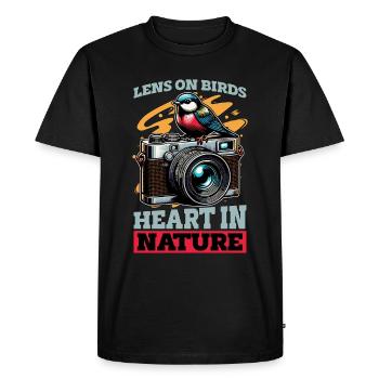 Objectif de photographie d’oiseau sur le cœur d’oiseau dans l’observation des oiseaux - T-shirt Premium bio Homme - noir - Devant - Nico (187cm)