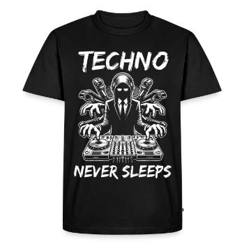 La techno ne dort jamais – Un design DJ cool - T-shirt Premium bio Homme - noir - Devant - Nico (187cm)