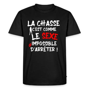 La chasse c'est comme le sexe / Chasseur - T-shirt Premium bio Homme - noir - Devant - Nico (187cm)