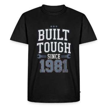 Construit solidement depuis 1981 - Design vintage fort - T-shirt Premium bio Homme - noir - Devant - Nico (187cm)