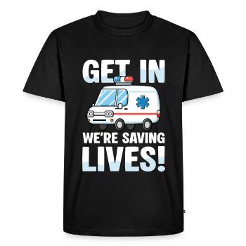 Entrez dans le motif de l’ambulance We Save Lives - T-shirt Premium bio Homme - noir - Devant - Nico (187cm)