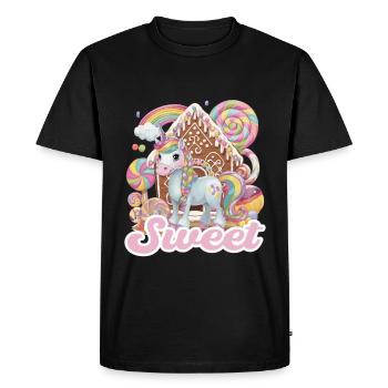 Licorne mignonne devant la maison en pain d’épice avec arc-en-ciel - T-shirt Premium bio Homme - noir - Devant - Nico (187cm)