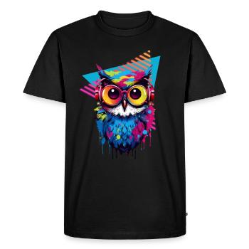 Hibou avec casque style années 80 - T-shirt Premium bio Homme - noir - Devant - Nico (187cm)
