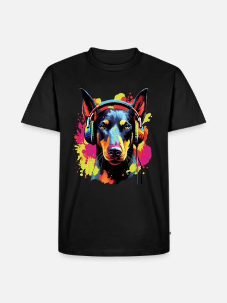 Bunter Dobermann mit Kopfhörer - Männer Premium Bio T-Shirt - Schwarz