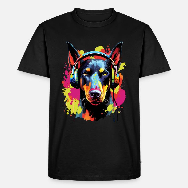 Bunter Dobermann mit Kopfhörer - Männer Premium Bio T-Shirt - Schwarz