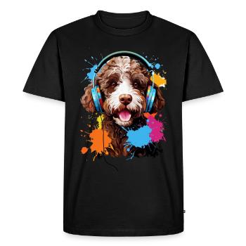Lagotto Romagnolo with headphones - Men's Premium Organic T-Shirt - black - Front - Nico (187cm)