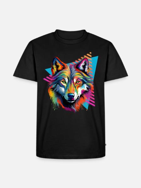Bunter Wolf Farbspritzer Farbkleckse - Männer Premium Bio T-Shirt - Schwarz