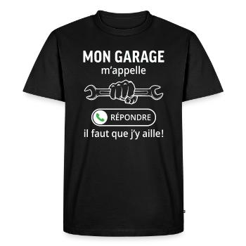 mon garage...il faut que j'y aille ! - T-shirt Premium bio Homme - noir - Devant - Nico (187cm)