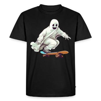 Funny Cartoon Comic style Ghost on his Skateboard - Men's Premium Organic T-Shirt - black - Front - Nico (187cm)