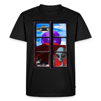 Strange alien cat UFO - Men's Premium Organic T-Shirt - black - Front - Nico (187cm)