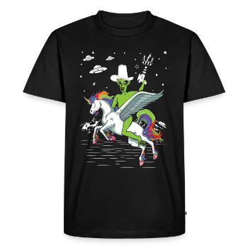 Alien rides unicorn Uncanny - Men's Premium Organic T-Shirt - black - Front - Nico (187cm)